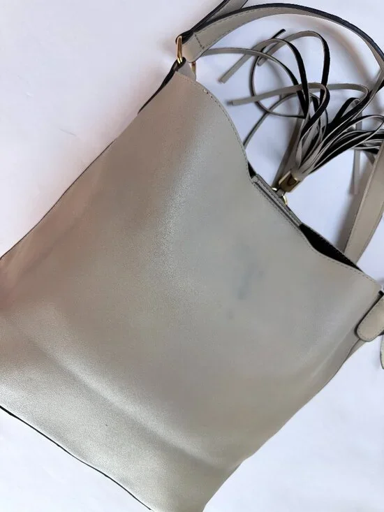 Lulu Dharma Napa Vegan Leather Tassel Hobo Bag Stone Gray Beige Shoulder Handbag - Picture 4 of 14